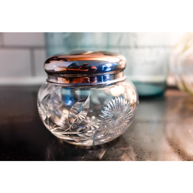 Antique American Brilliant Cut Glass Dresser Jar, Silver Lid, Sunflower & Fan Cut, Round Vanity Powder Jar, 3" For Sale In Washington DC - Image 6 of 6