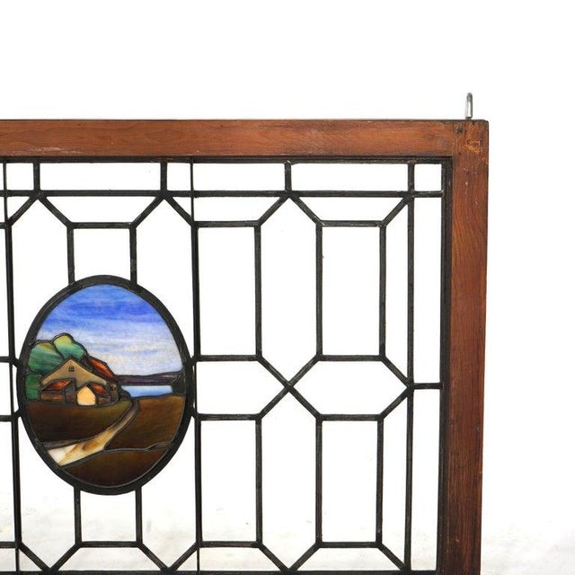 Antique Arts & Crafts Leaded & Stained Glass Window With Country Road Circa 1910 For Sale - Image 12 of 14
