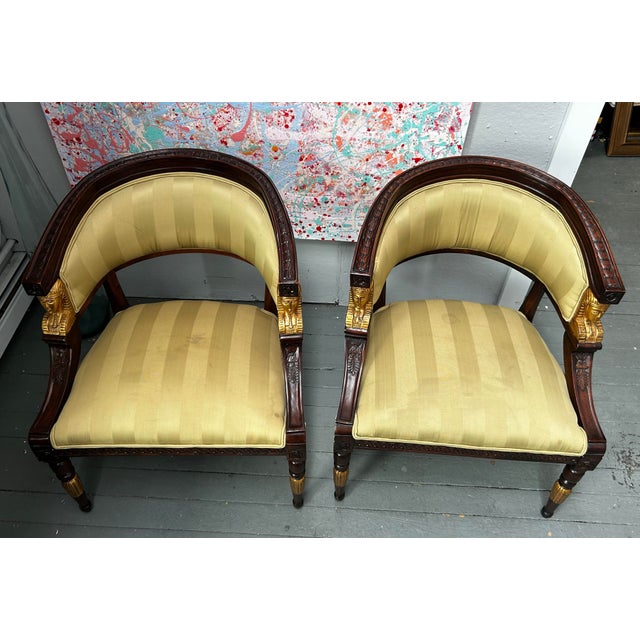 Wood Antique Pair of Art Nouveau Egyptian Revival Carved Wood and Gilt Statement Chairs For Sale - Image 7 of 10
