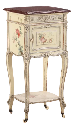 A French Louis XV Style Paint Decorated Marble Top Nightstand, C. 1890.
