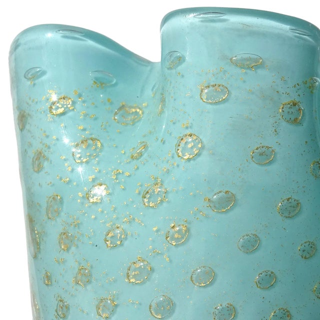 Murano Vintage Murano Light Blue Bubbles Gold Flecks Italian Art Glass Decorative Ruffled Rim Fazzoletto Vase For Sale - Image 4 of 5