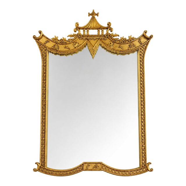 1960s Large Regency Chinoiserie Pagoda Mirror in Gold Leaf, Newly Restored, 51.5”h For Sale