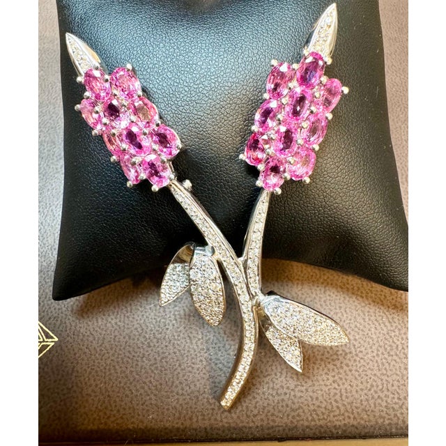 Vintage 18 Kt White Gold Diamond & 13 Ct Pink Sapp Floral Bouquet Broach 23.2 GM For Sale - Image 17 of 18