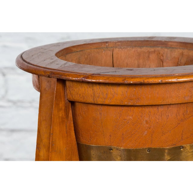 Art Deco Mid 20th Century Javanese Art Deco Style Teak Wood & Brass Brace Plant Stands - A Pair For Sale - Image 3 of 13