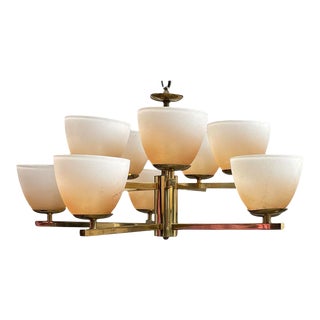 1960s Brass & Frosted Glass Danish Chandelier For Sale