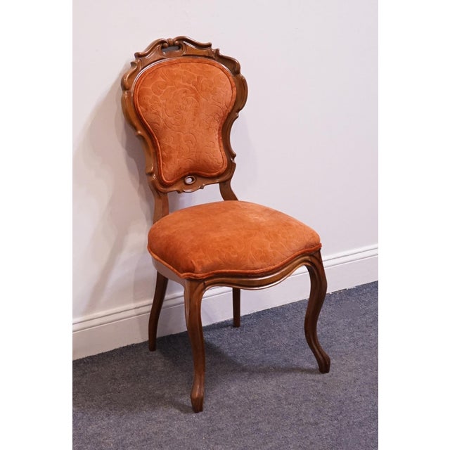 Vintage Antique Solid Beech Louis XV Victorian Rococo Revival Accent Side Chair W. Embossed Velvet Upholstery For Sale - Image 4 of 9