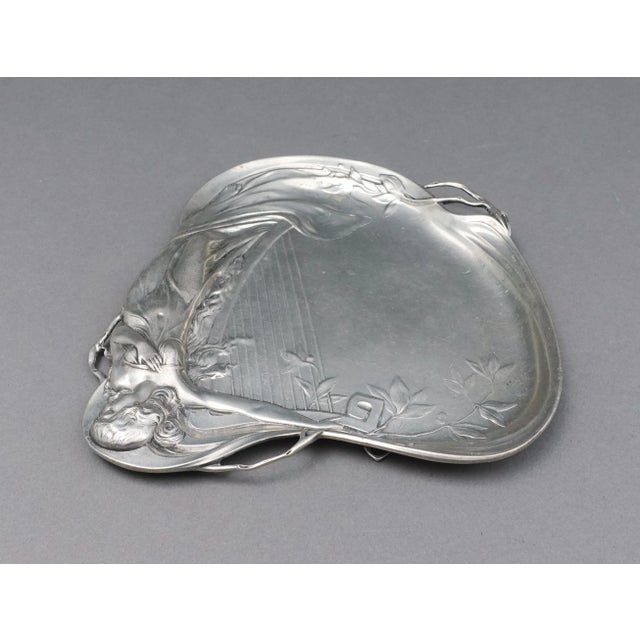 Antique Achille Gamba Art Nouveau Maiden & Harp 1155 Pewter Tray Plate For Sale - Image 4 of 9