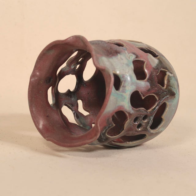 Vintage Sculptural Studio Pottery Pierced Ceramic Vessel Candle Holder With Organic Drip Glaze For Sale - Image 9 of 18