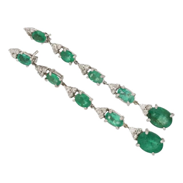 Vintage 6.60ct Emerald & Diamond 14k White Gold Dangle Earrings, 2 pieces For Sale