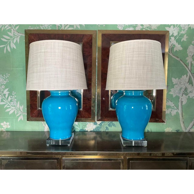 Contemporary Pair of Turquoise Ceramic Table Lamps For Sale - Image 4 of 10