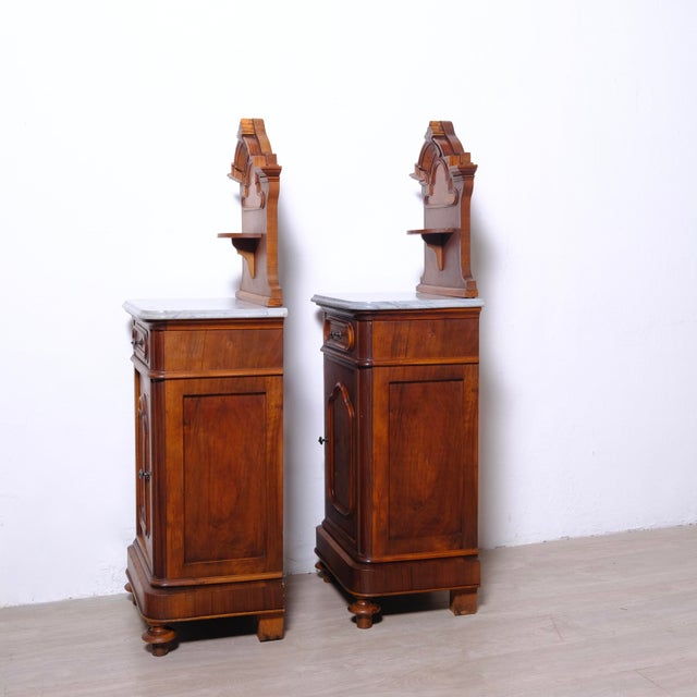 Antique Bedside Tables with Marble Backsplashes and Bases, Late 19th Century, Set of 2 For Sale - Image 12 of 18