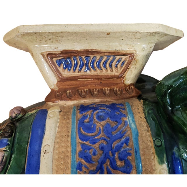 Pair Vintage Chinese Asian Glazed Terracotta Elephant Garden Stool Table Benches For Sale - Image 13 of 18