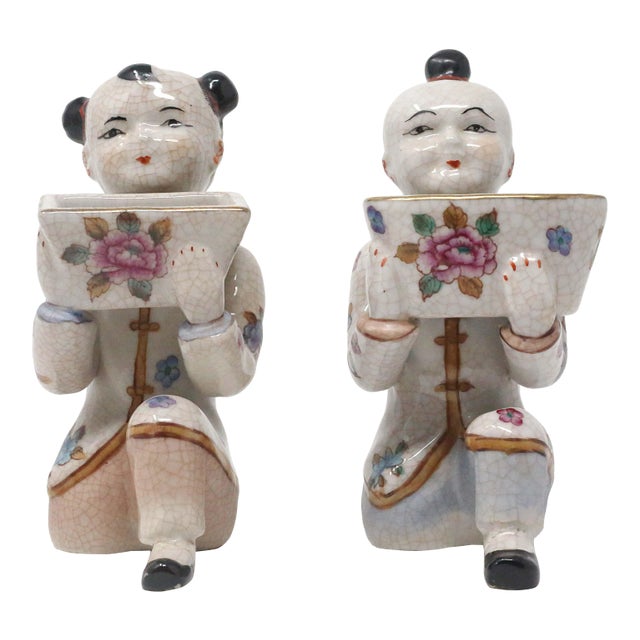 Vintage Chinoiserie Ceramic Kneeling Boy and Girl Figures - Set of 2 For Sale