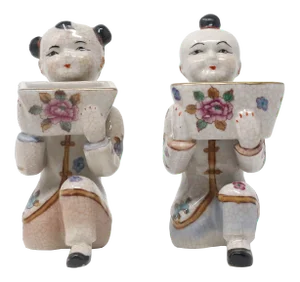 Vintage Chinoiserie Ceramic Kneeling Boy and Girl Figures - Set of 2