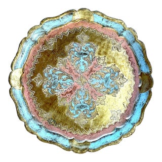Vintage Pink and Blue Round Gilded Wood Florentine Tray For Sale
