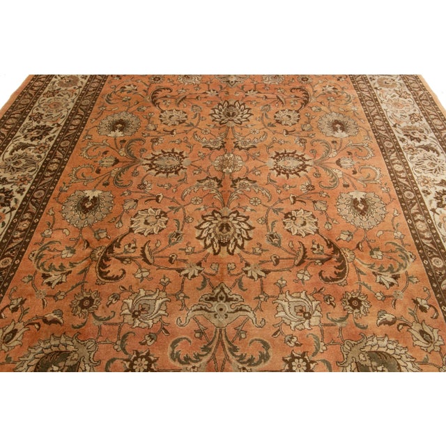 Tan Antique Peach Persian Tabriz Wool Rug Floral Designed For Sale - Image 8 of 10