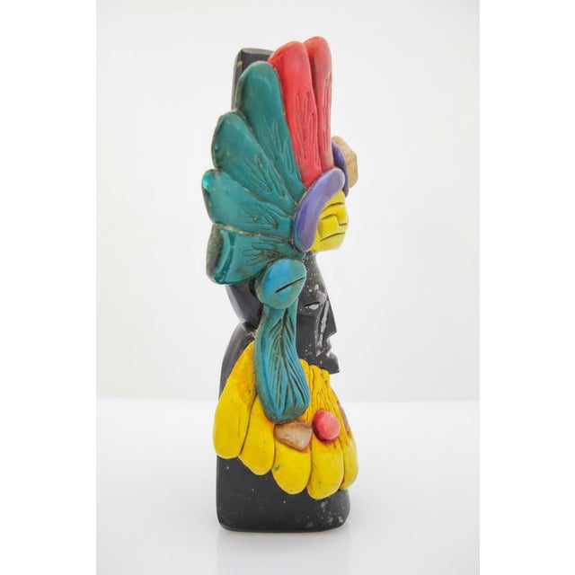 Late 20th Century Mayan Aztec Onyx Obsidian Carved Sun Chief God Statue Figure For Sale - Image 5 of 7