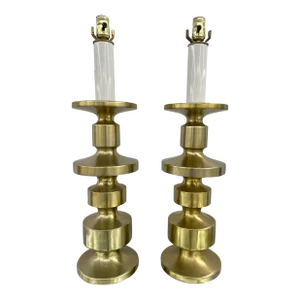 Pair of Hollywood Regency Solid Brass Table / Desk Lamps, Candlestick, Modern