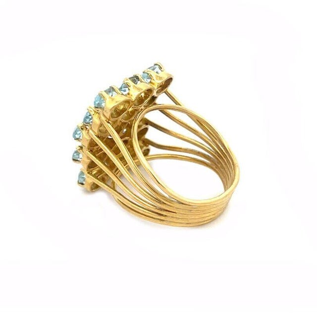 Aquamarine 18k Gold Earrings Ring Set Yellow 5 Row Oval Set Design, 3 Pieces For Sale - Image 9 of 10