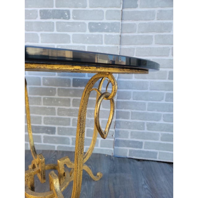 Hollywood Regency Hollywood Regency Rene Drouet Style Gilt Iron Table With Mirrored Glass Top - Pair For Sale - Image 3 of 10