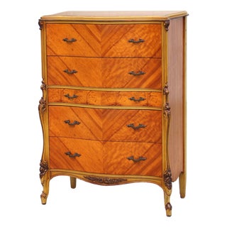 Magnificent Vintage French Provincial Louis XV Rococo Satinwood & Burl Wood Tall Boy Chest For Sale
