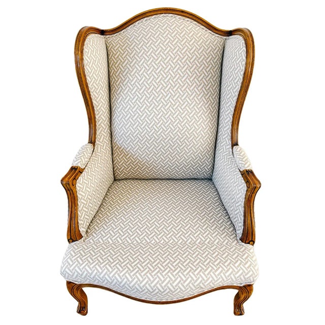 Brown French Provincial Wingback Chairs With Geometric Upholstery Attributed to Baker - A Pair For Sale - Image 8 of 18