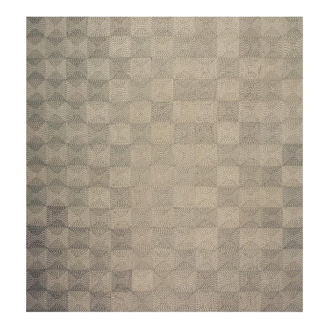 1940s Rustic Beige Antique Geometric Modern Moroccan Reed Square Woven Wool Rug For Sale