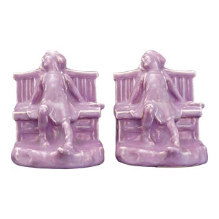1922 Rookwood Girl on Bench Bookends in Mauve - a Pair For Sale
