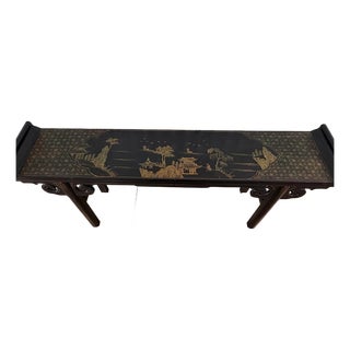 Vintage Hand Painted Gold and Black Chinoiserie Pagoda Console Removable Glass For Sale