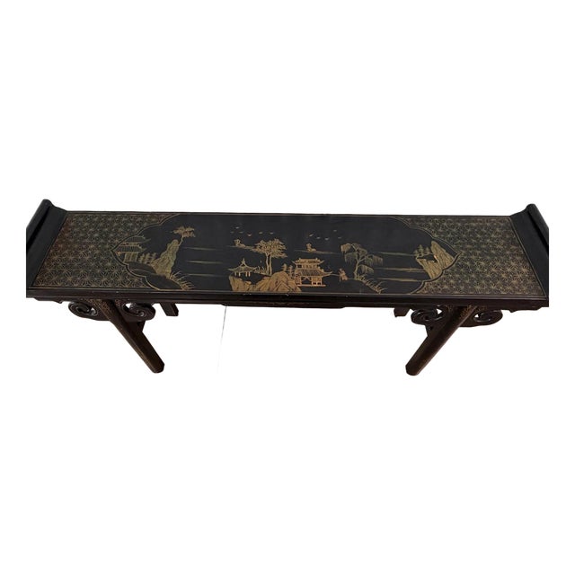 Vintage Hand Painted Gold and Black Chinoiserie Pagoda Console Removable Glass For Sale
