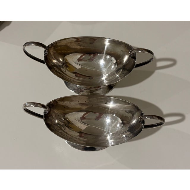 Antique Continental European Silver-Plated Neoclassical Navette Pedestal Open Salt Cellars - A Pair For Sale - Image 11 of 11