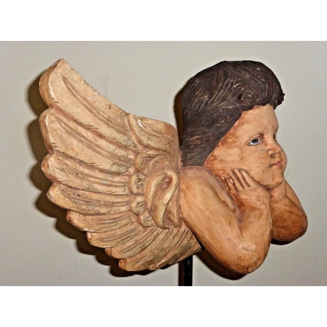 Vintage Hand Carved Cherub /Angel With Wings Figurine on Stand For Sale - Image 4 of 11
