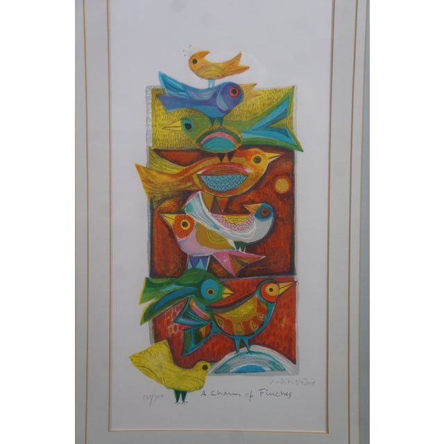 Printmaking Materials 1970s Judith Bledsoe Signed Charm of Finches Stacked Birds Lithograph Print 29" For Sale - Image 7 of 12