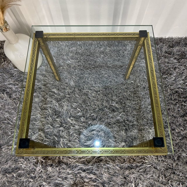 Hollywood Regency Side Table in Engraved Brass and Glass, 1970s For Sale - Image 9 of 13