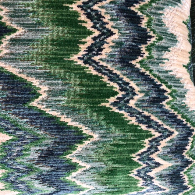 Schumacher Pair of Schumacher Bezique Flamestich Pillows in Blues & Greens With Custom Samuel & Sons Fringe For Sale - Image 4 of 10