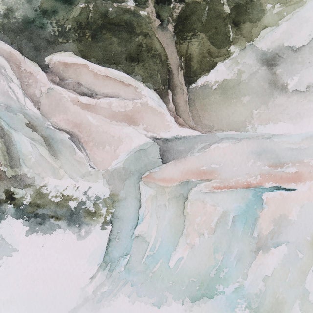 Forest Green Late 20th Century Unsigned Original Fine Art Landscape Watercolor Painting on Paper of Trees and Flowing River by Artist Ellen Shannon For Sale - Image 8 of 12