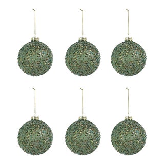 Beaded Tinsel Green Glass Ball Ornaments, Set of 6, 4" For Sale