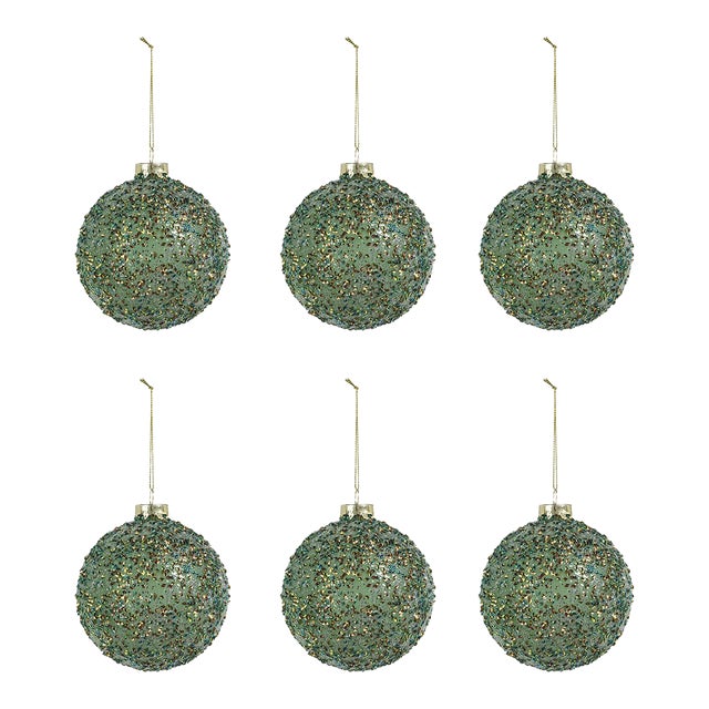 Beaded Tinsel Green Glass Ball Ornaments, Set of 6, 4" For Sale
