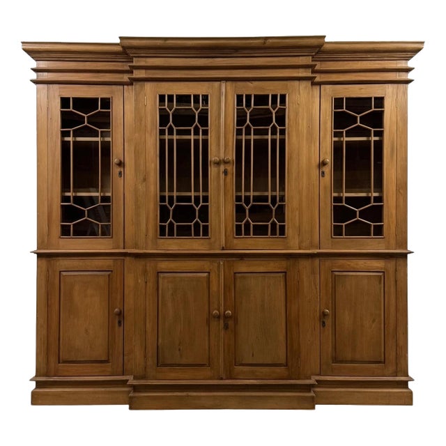 Antique 20th Century English Pine Breakfront Bookcase For Sale