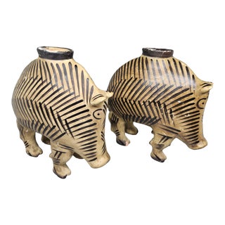 Vintage Mma Pottery Wild Boar Hog Pig Effigy Figurine Candleholders (Set of Two) For Sale