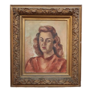 Framed Oil Portrait Painting of Young Woman, 1940’s For Sale