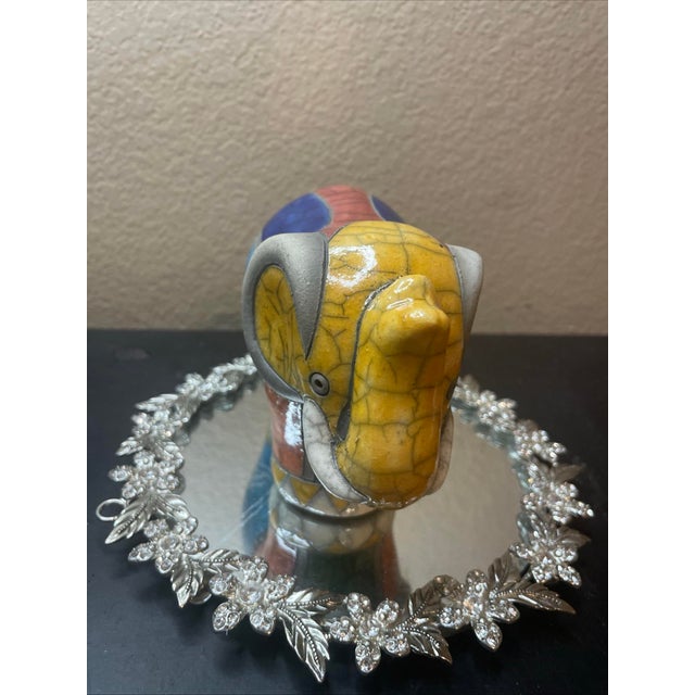 Ceramic 1960s Signed South African 7” Felix Raku Trunk Up Elephant For Sale - Image 7 of 7