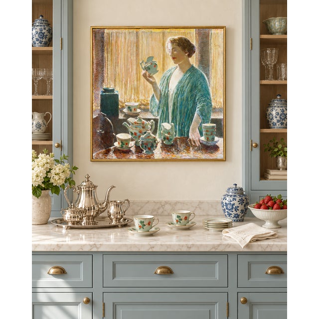 English 1912 Vintage Tea Set Art Print, American Impressionist Woman Portrait by Childe Hassam - 28" X 28" For Sale - Image 3 of 9