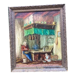 Large 1950s Dutch Interior Scene Figurative Oil Painting, Framed Mother and Child Kitchen Scene