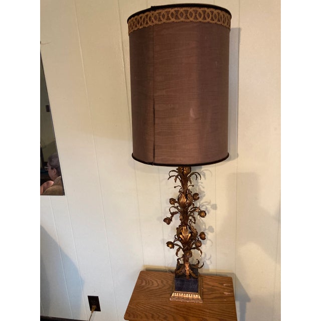 Vintage Italian Gilt Gold Floral Tole Black Marble Table Lamp For Sale - Image 9 of 9