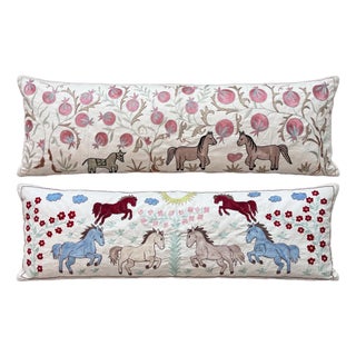 White Horse Suzani Lumbar Pillow Cover 18'' X 54'' - Set of Two For Sale