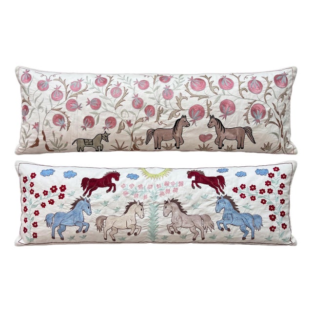White Horse Suzani Lumbar Pillow Cover 18'' X 54'' - Set of Two For Sale