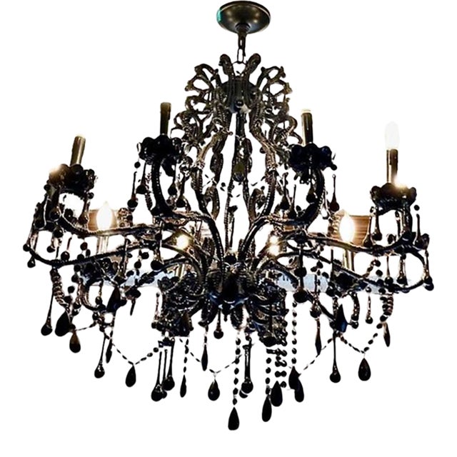 Black Glass 10-Light Chandelier For Sale