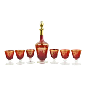 Mid 20th Century Venetian Ruby Red Glass With Gold Trim and Motif Decanter and Wine Glasses- Set of 7
