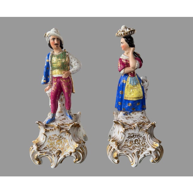 Pair of Antique Victorian Figural Man & Woman Porcelain Statue Scupltures For Sale - Image 4 of 9